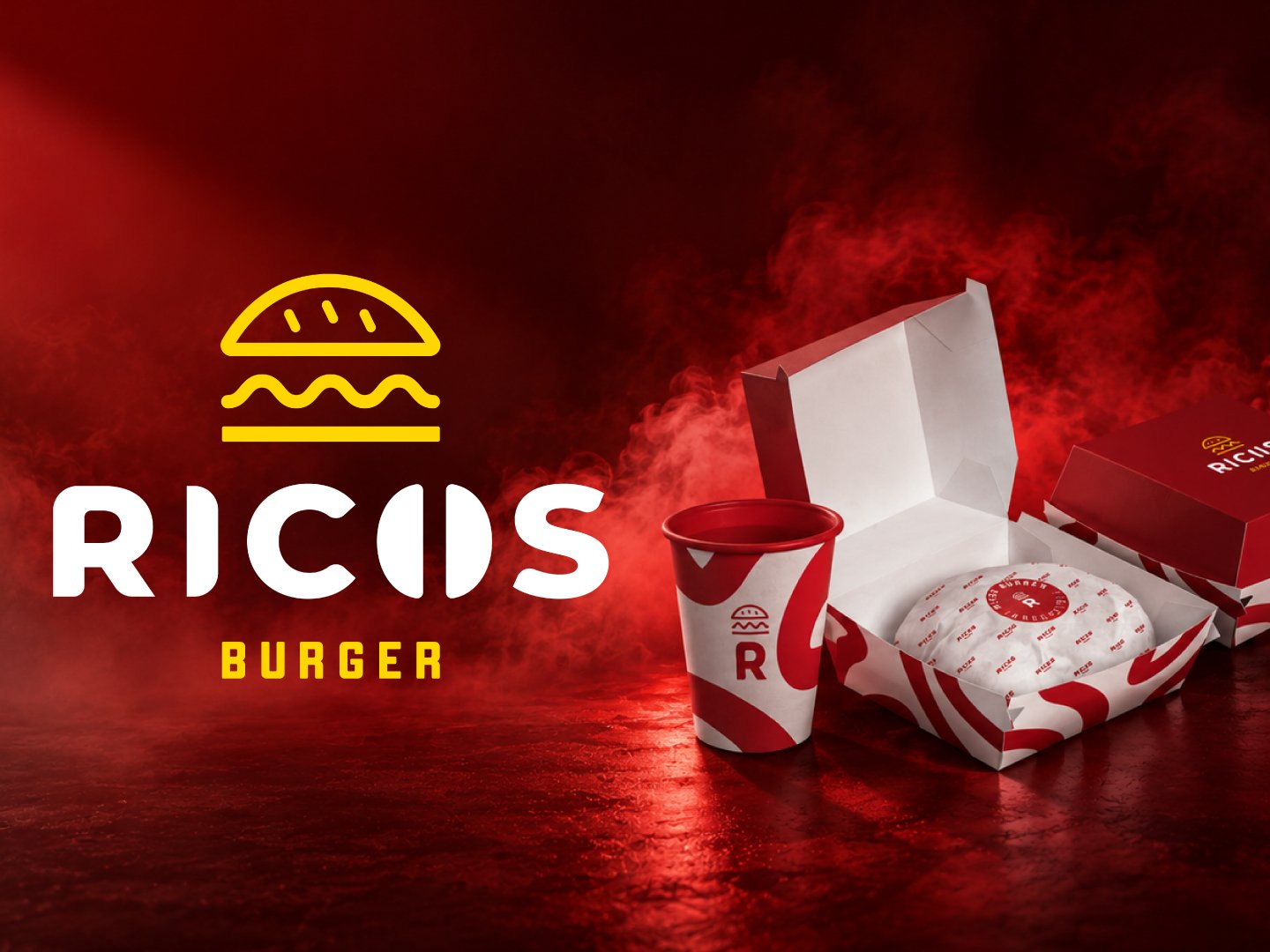 Rico's Burger bold red and yellow brand identity