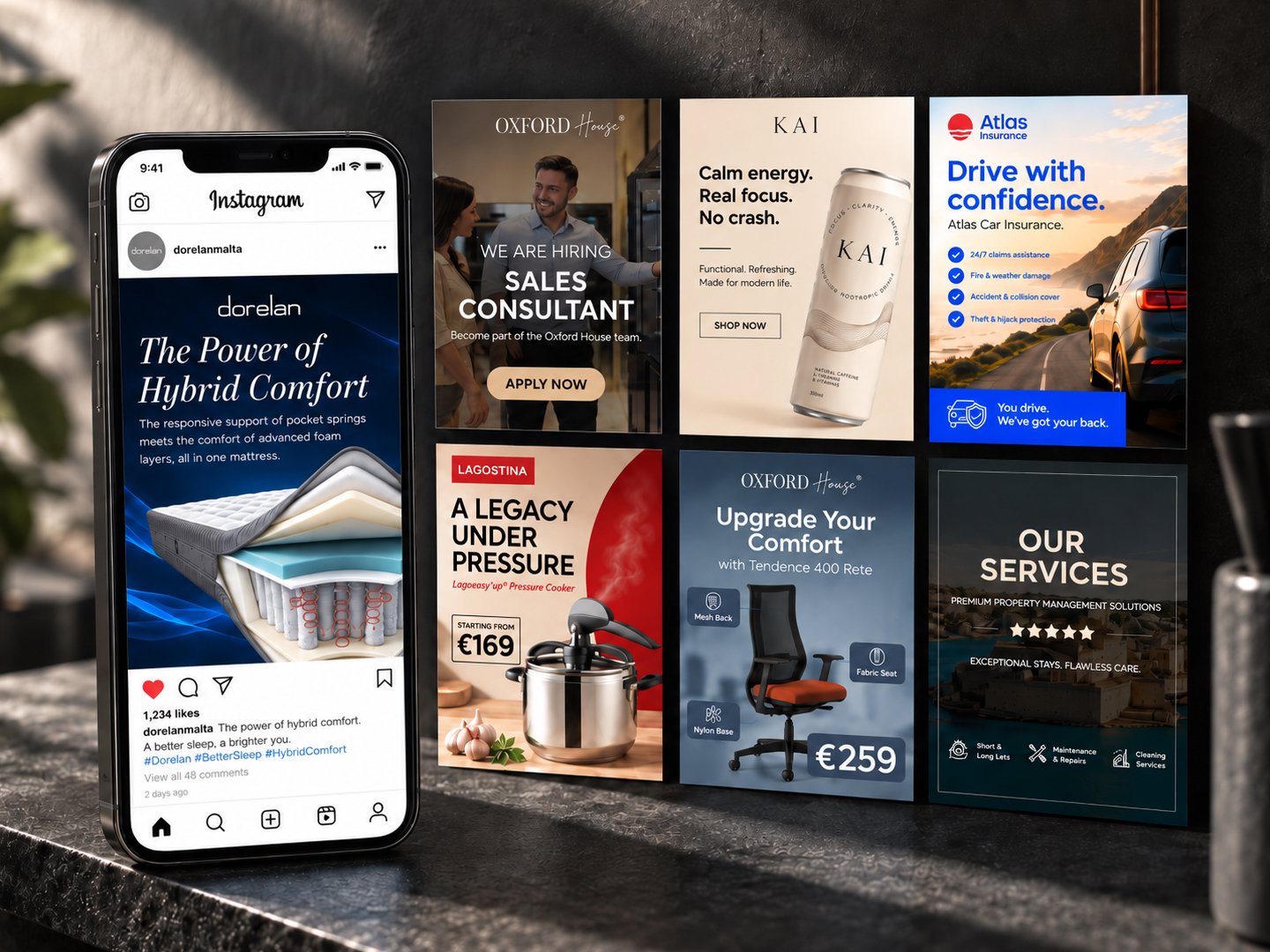 Selection of social media designs created for different brands