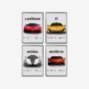 Set of four Sportscars Poster on a grey background, featuring LaFerrari, McLaren P1, Lamborghini Revuelto, and Koenigsegg Regera with detailed car specifications.