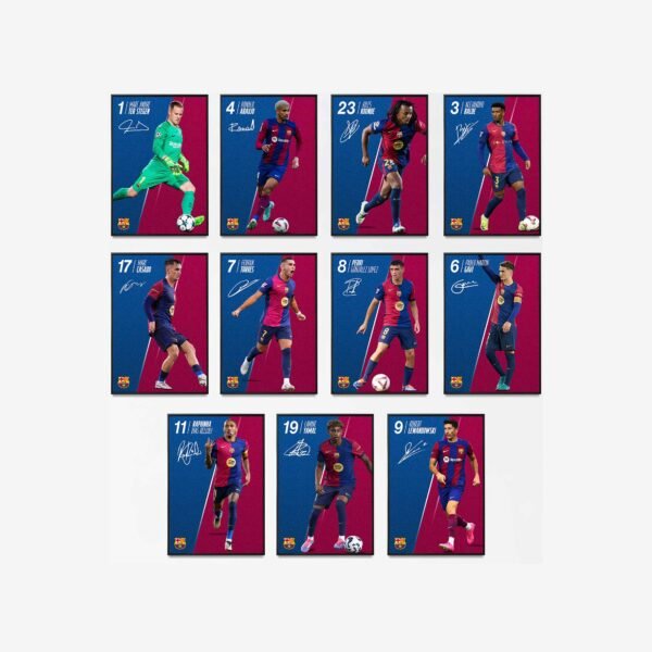 Barcelona Poster Bundle 2025 showing Lamine Yamal, Raphinha, Robert Lewandowski, Pedri, Gavi, Marc Casado, Ferran Torres, Alejandro Balde, Ronald Araujo, Jules Kounde, Marc-Andre Ter Stegen.