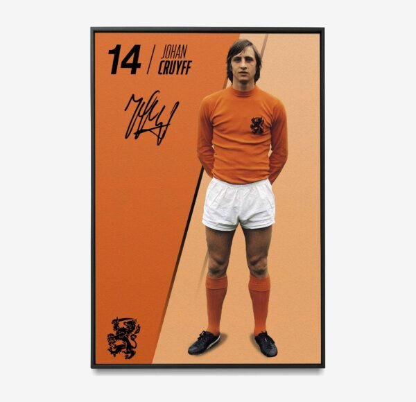 Johan Cruyff poster in an office space, adding a sophisticated and vintage football-themed decor.