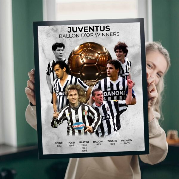 Young lady holding Juventus Ballon d'Or winners poster in large format, highlighting iconic players Sivori, Rossi, Platini, Baggio, Zidane, and Nedved football poster, soccer art, home decor, football legends