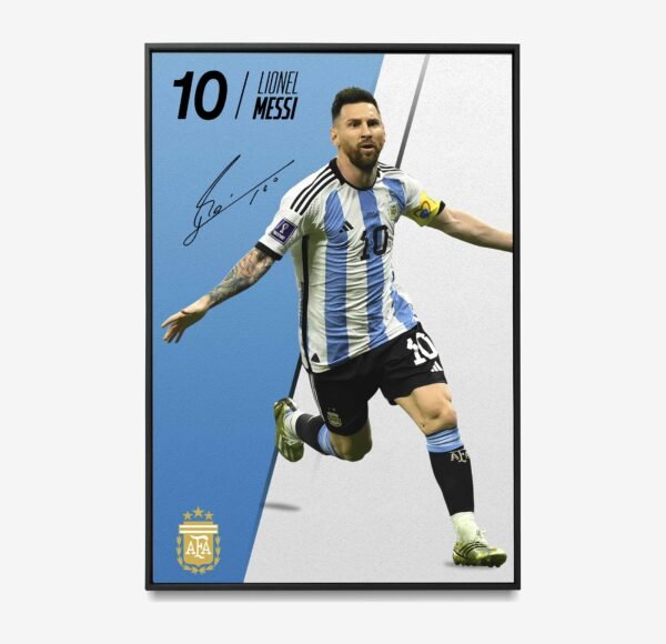 Large Messi poster displayed in a spacious modern room, adding a bold football-inspired touch.