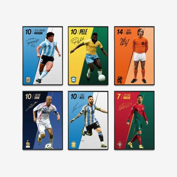 Football Legends Posters 6-poster mockup on a grey background featuring legendary football stars Maradona, Pelé, Cruyff, Zidane, Messi, and Cristiano Ronaldo, all with signed autographs.