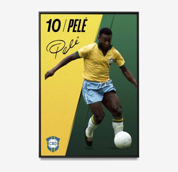Pelé poster framed and placed in an office, celebrating the legendary football icon in a sleek and modern setting.