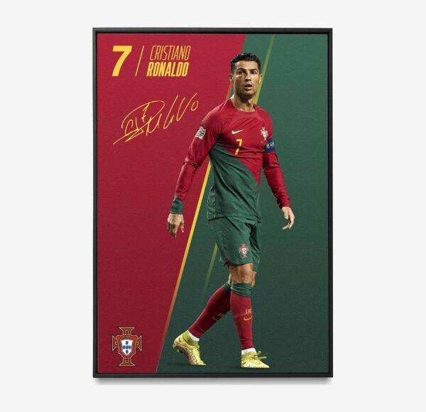 Cristiano Ronaldo poster framed and displayed in a professional office setting, creating a motivational football atmosphere.