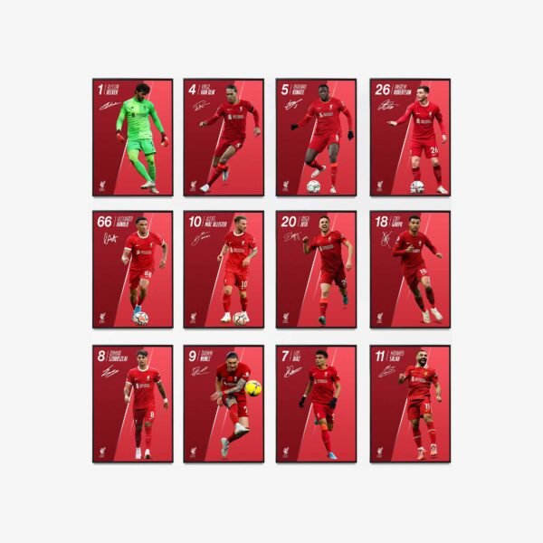 12 Liverpool FC team posters mockup 2025 showing Mohamed Salah, Virgil van Dijk, Trent Alexander-Arnold, Alisson Becker, Andrew Robertson, Luis Díaz, Darwin Núñez, Diogo Jota, Ibrahima Konaté, Cody Gakpo, Dominik Szoboszlai, and Alexis Mac Allister.