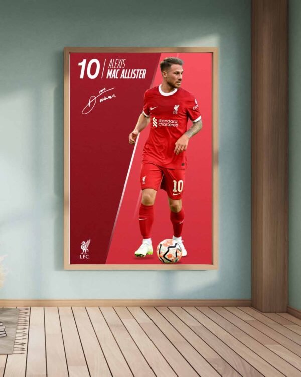 Mac Allister poster in a large format print, placed in an open and stylish room for a striking football aesthetic.