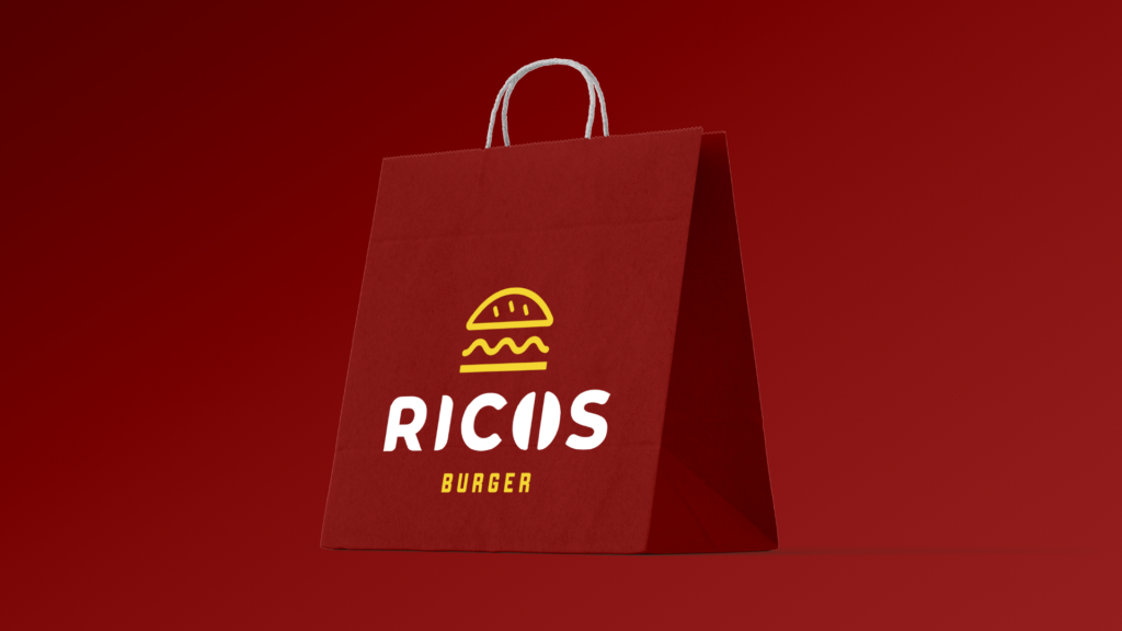 Ricos burger takeaway bag mock-up. The bag is coloured in red