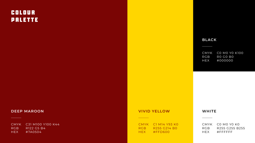 Ricos burger colour palette. Colours used are: Deep Maroon, Vivid Yellow, Black and White