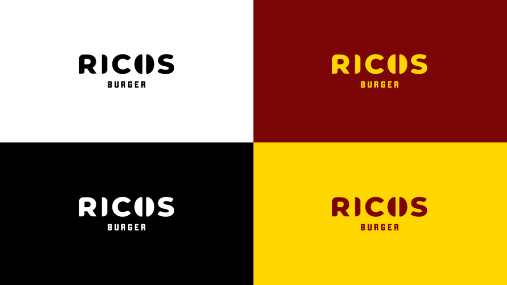 Ricos burger main logo on the main 4 colours of the brand. Red, yellow, White and Black