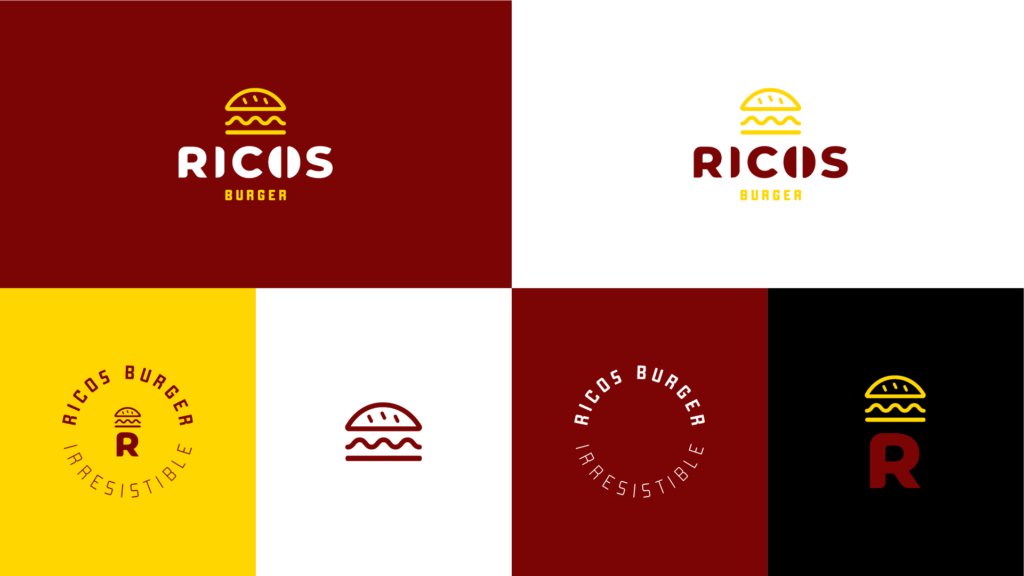 All logos, icons and wordmarks that can be used when designing coming up with a design for Ricos burger