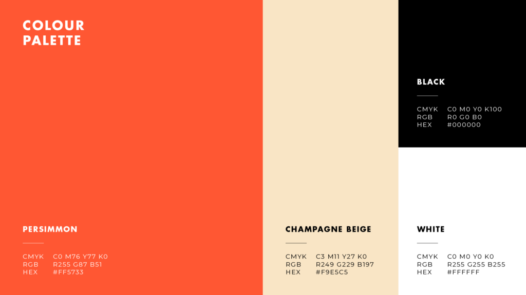 Globetrek travel agency colour palette. Colours used are: Persimmon, Champagne Beige, Black and White