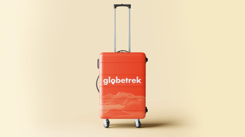 Luggage mock-up for Globetrek. It shows the brand main logo and their pattern underneath