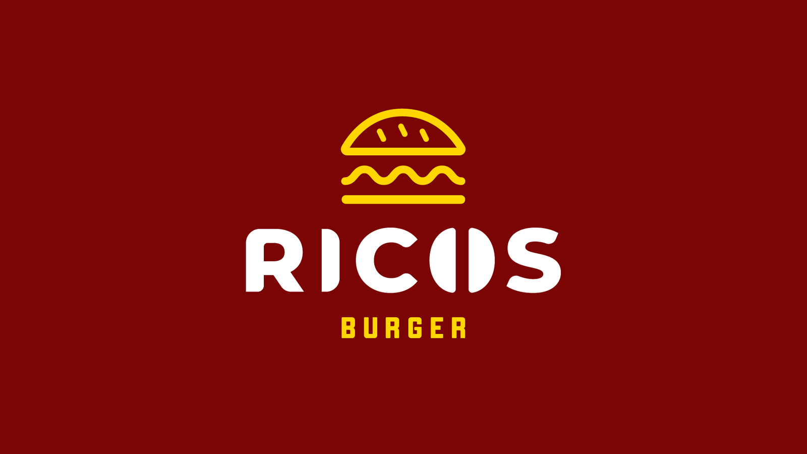 Ricos burger main logo. The logo consist of a burger icon and a wordmark saying 'Ricos Burger'. The word Ricos is coloured in white while the icon and the word burger are coloured in yellow. The background is red
