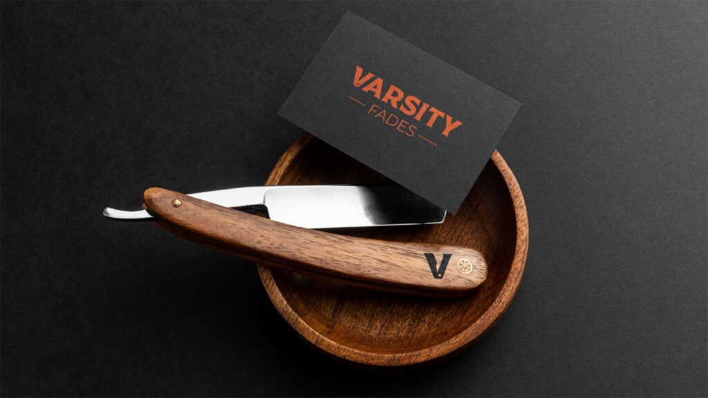 Varsity Fades Barbershop Mock-up of blade and business card